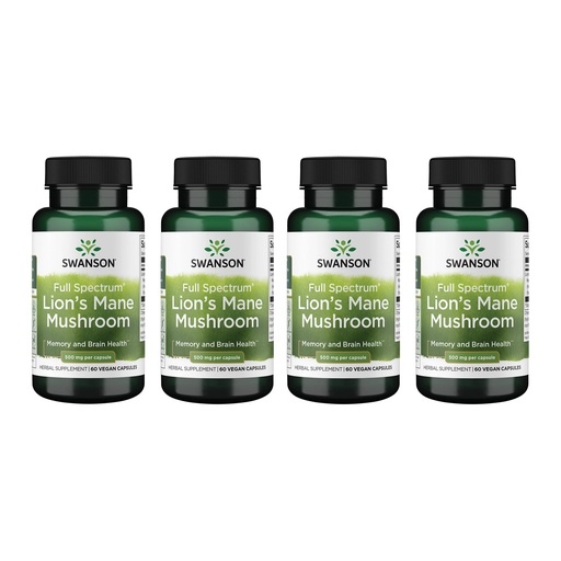[BRSWGZIBDMIWAYD5] Swanson Lion's Mane Mushroom Brain Health Supplement for Professionals Seeking Mental Focus, Memory, and Clarity Support - 500 mg (60 Vegan Capsules, 4 Bottles, 4 Pack)