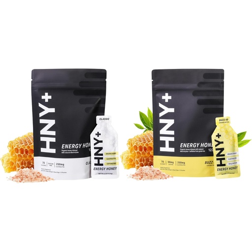 [BRSRECT2BBYQ2YLP] HNY+ Natural & Buzz Organic Honey Energy Gels, Raw Organic Honey Based Energy Gel with Electrolytes, Workout & Running Goos with Electrolytes, 50mg Caffeine & Caffeine Free, 48 Count