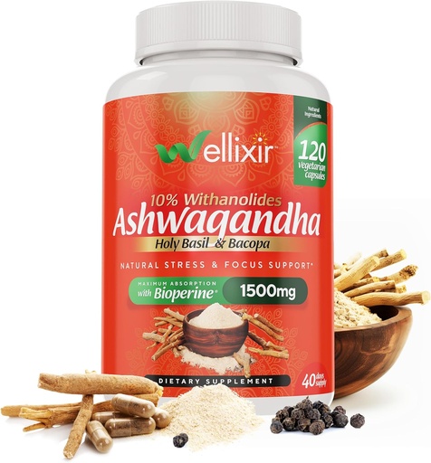 [BRSWYGAFAEHRQFLP] Ashwagandha Capsules - 10% Withanolides, Root Powder Extract, Herbal Supplement to Help Support a Natural Stress Relief, Sleep, Focus - 1500mg, for Men and Women -120 Count
