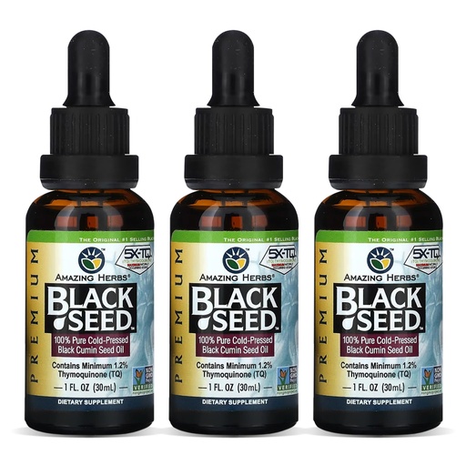 [BRSWEC3YCUGROA3A] Amazing Herbs Premium Black Seed Oil - Gluten Free, Non GMO, Cold Pressed Nigella Sativa Aids in Digestive Health, Immune Support, Brain Function - 1 Fl Oz (Pack of 3)