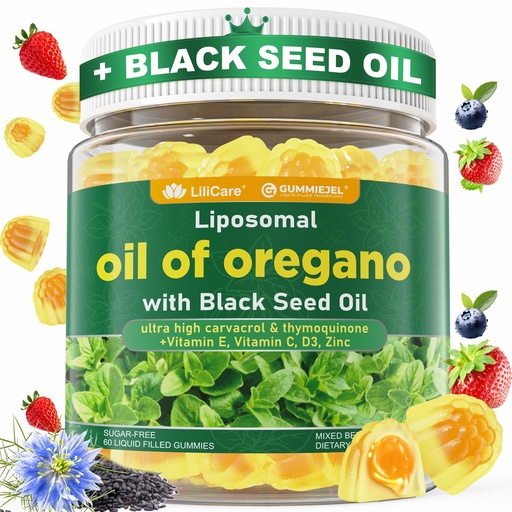 [BRSREEAOA4FRYC3U] Oil of Oregano with Black Seed Oil Filled Gummies - 2 Months Supply - Aceite De Oregano Capsulas Alternative, Carvacrol & Thymoquinone with VE, VC, D3, Zinc, Liposomal Form, Sugar Free, Berry Flavor