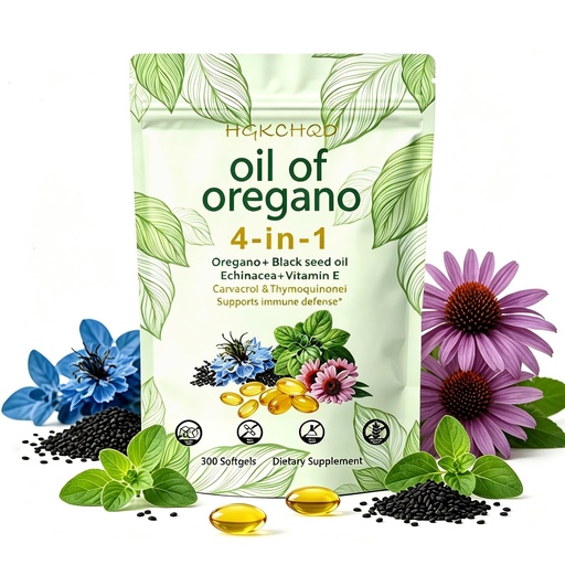 [BRSRGAD4A4FGO2TX] Oregano oil softgels, 4-in-1 nutritional supplement containing black seed oil | carvacrol ≥85%, thymol ≥3% | echinacea | vitamin E | non-GMO, boosts immunity, and has antioxidant effects. 300 capsules