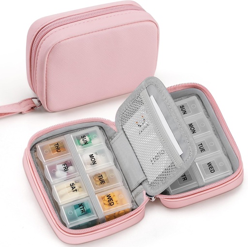 [BRSRAAQECB5QGYDU] Zannaki Cute Pill Organizer for Purse with Two Removable 7-Day Pill Box, Travel PU Leather Pill Case, Portable Weekly Pill Container with Storage Bag to Hold Vitamins, Fish Oils, Supplements (Pink)