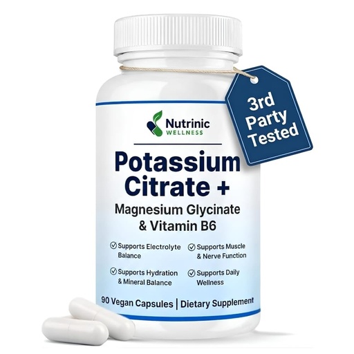 [BRSRGCY6CQDQ4A3X] Potassium Citrate Supplement with Magnesium Glycinate & Vitamin B6 for Leg Cramps Relief – Electrolyte Balance, Muscle & Nerve Support, Hydration Formula – 90 Vegan Capsules for Men & Women