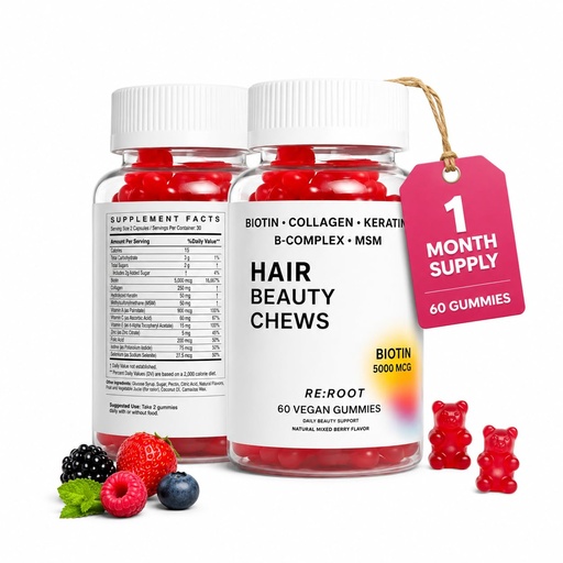 [BRSREFQNOZ4AEELF] RE:ROOT Hair Growth Gummies – 5,000 mcg Biotin with Collagen, Keratin & MSM – Hair, Skin & Nails Support – 60 Berry Gummies