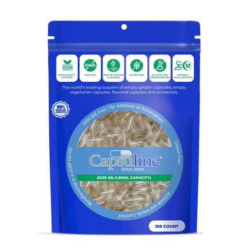 [BRSRMBQ5BB7AAHY6] Capsuline Size 00 - Clear Empty Vegan Pullulan Capsules - 100 Count - Empty Pullulan Pill Capsules - DIY Vegan Capsule Filling - Empty Caps - Gluten Free, Non-GMO