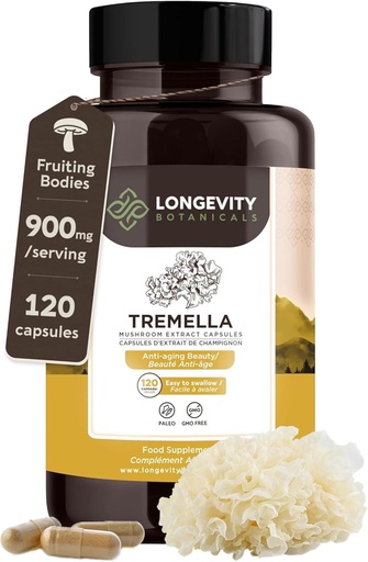 [BRSROGL4DIFBAA35] Organic Tremella Mushroom Capsules Supplement (120) | Fruiting Body 10:1 High Strength Snow Fungus Extract | 10% Beta-D Glucans | 9,000mg Raw Equivalent Per Serving | Skin Hydration & Brain Support