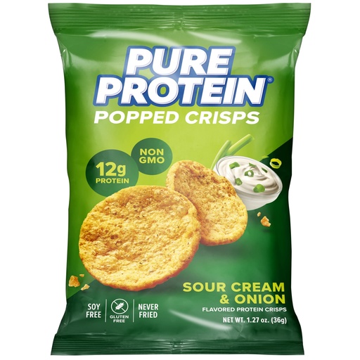 [BRSRMBL5BYARYHLV] Pure Protein Sour Cream & Onion Popped Crisps - 12g Plant Based Protein, Gluten Free, Non GMO, Vegan, Air Popped & Puffed Crisps – Healthy Protein Snacks – 12 Pack