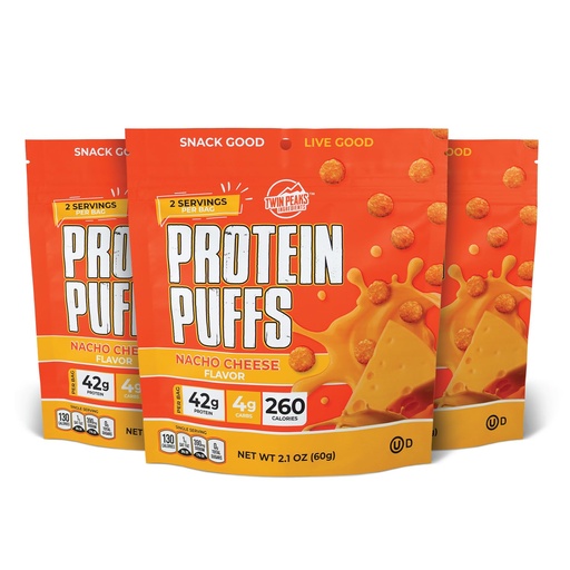 [BRSWGCQZAUNBGAI2] Twin Peaks Low Carb, Keto Friendly Protein Puffs, (Nacho Cheese), 2 Servings, 3 Pack (60g, 42g Protein, 4g Carbs)