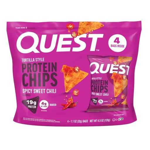 [BRSWEC34AANWCHTK] Quest Nutrition Spicy Sweet Chili Tortilla Chip, 19g Protein, 4g Net Carb, Low Carb, Gluten Free, 1.1 oz 4 count