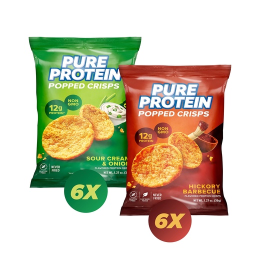 [BRSRMBIOBF4B4EL2] Pure Protein Popped Crisps Variety Pack, Hickory Barbecue and Sour Cream & Onion, High Protein Snack, 12G Protein, 1.27oz., 12 Count