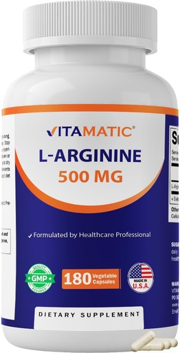 [BRSRGCABCV6A42A6] Vitamatic L-Arginine 500mg, 180 Vegetarian Capsules – Amino Acid Supplement, Non-GMO, Gluten Free, Made in USA