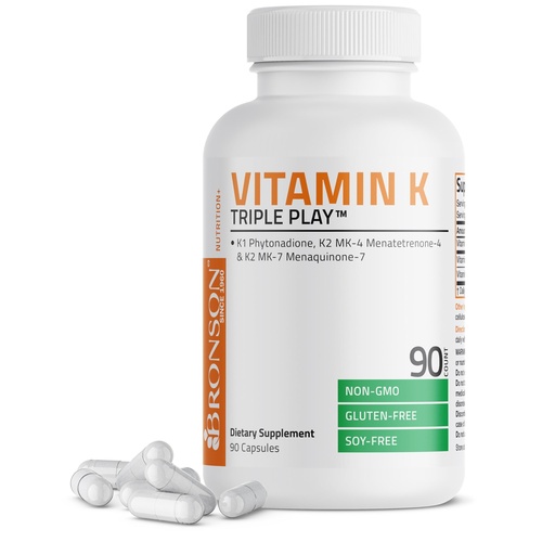 [BRSWKHD7A4PBCDL4] Bronson Vitamin K Triple Play (Vitamin K2 MK7 / Vitamin K2 MK4 / Vitamin K1) Full Spectrum Complex Vitamin K Supplement, 90 Capsules