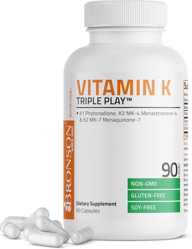 [BRSWKHD7A4PBCDL4] Bronson Vitamin K Triple Play (Vitamin K2 MK7 / Vitamin K2 MK4 / Vitamin K1) Komplexní spektrum vitamin K doplněk, 90 Kapsle