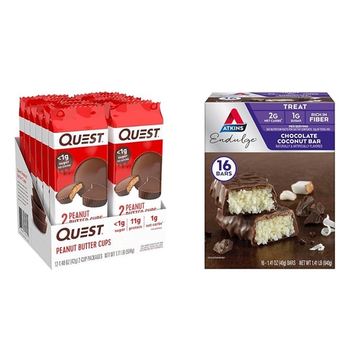 [BRSRAYYZDJYWKELL] Quest High Protein Peanut Butter Cups (17.76 Oz) and Atkins Chocolate Coconut Bars with Fiber (16 Count)