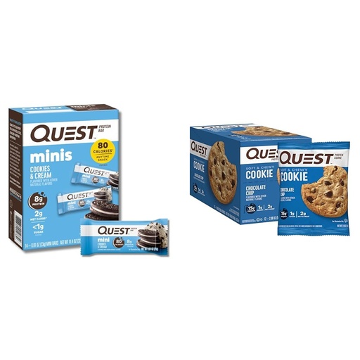 [BRSROCQPOR7QMF3X] Quest Nutrition Mini Cookies & Cream Protein Bars, High Protein, Low Carb, Keto Friendly, 14 Count & Chocolate Chip Protein Cookie; Keto Friendly; High Protein; Low Carb; 12 Count