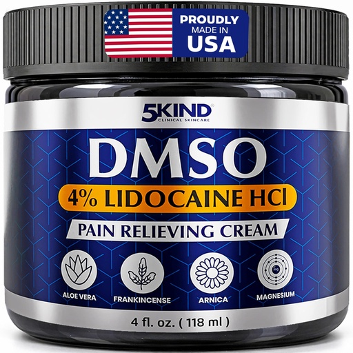 [BRSRGBDYAAMGGG34] 5Kind DMSO Cream with Lidocaine for Pain Relief 4 fl oz - 99.9% Pure DMSO Pharmaceutical Grade Cream - Lidocaine Cream with Aloe Vera, Magnesium, Arnica & Menthol - Registered NDC - Made in USA