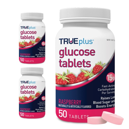 [BRSWIFAMBAGQKGTY] TRUEplus Glucose Tablets, Chewable, Raspberry Flavor, 15g Fast-Acting Carbohydrates, Fat Free, Gluten Free, Boost Energy, 50 Count, 3 Bottles