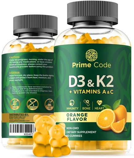 [BRSRE2Y5BAIWACLF] Prime Code Vitamin D3 K2 Gummies with Vitamins A & C | Bone, Heart & Immune Support | High Absorption | Clean Formula | Non-GMO, Gluten-Free