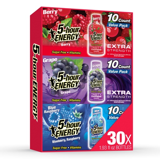 [BRSREAYHOF6RGYD4] 5-hour ENERGY VARIETY PACK Berry, Grape & Blue Raspberry Flavors, 30 Count, 1.93 Fl Oz Energy Shot, Extra Strength, Amino Acids, B Vitamins, Sugar Free and Zero Calories