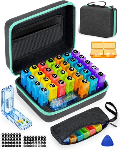 [BRSROA36DMFAKDTO] Monthly Pill Organizer 2 Times a Day, with Weekly Pill Bag, Portable Hard Shell, Pill Cutter, Plastic Opening Pick, Monthly & Weekly Stickers, Convenient Medication Management and Tracking