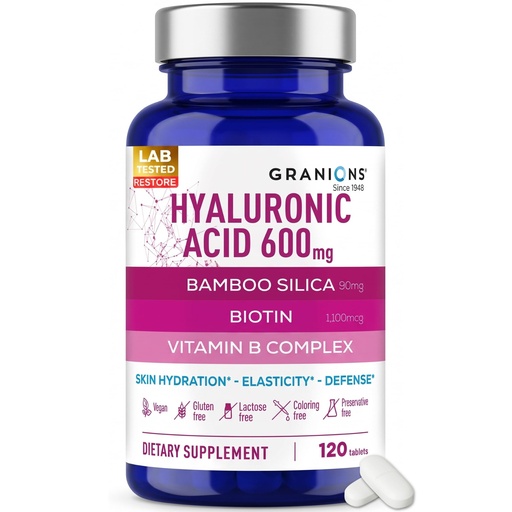 [BRSRE2Y6CB6RGHL2] Granions Ultra Dosed Hyaluronic Acid Supplement 600mg - Intense Skin Hydration, Stimulates Collagen Production - Niacin, Biotin, Vitamin B Complex, Oral Hyaluronic Acid Supplements - 120 Vegan Tablets