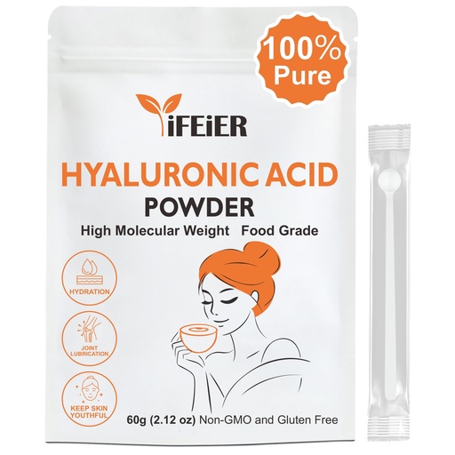 [BRSRACA6OEFGGHYY] iFEiER Pure Hyaluronic Acid Powder | Food Grade Hyaluronic Acid Supplements | 60g(2.12oz) | HMW LMW High Molecular Weight Hyaluronic Acid Powder| Skin Hydration and Joint Lubrication