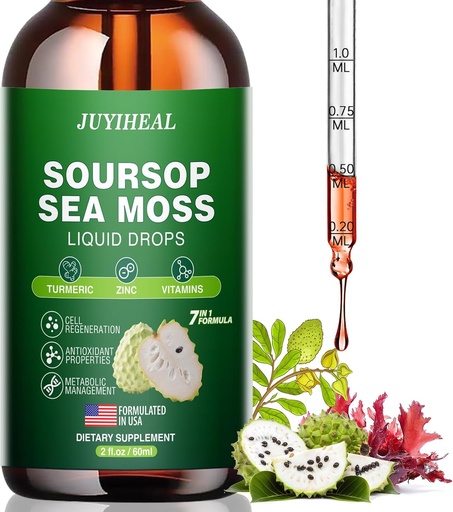 [BRSRAEAFBUMRQETJ] 7-in-1 Soursop Graviola with Sea Moss Liquid Drops, Soursop Bitters Liquid Rich in Multivitamin for Digestive Antioxidant, Immune Boost, Cell Support & Regeneration, 2 Fl Oz