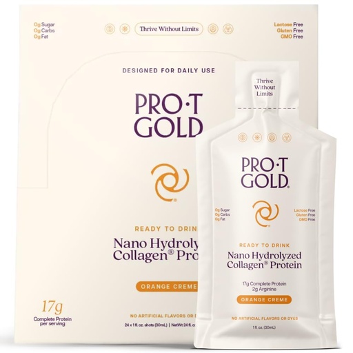 [BRSROHQBBB7AOFLP] ProT Gold Liquid Collagen Protein Shot, Support for Hair, Nails and Skin, 17g, Nano Hydrolyzed & Grass Fed, with Amino Acids, Gluten Free, Sugar Free, Orange Creme, 1 FL OZ, 24 Pack