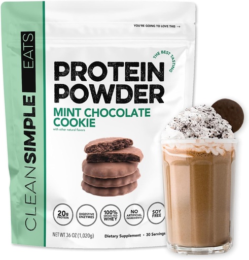 [BRSRMGQTCQIW2GT3] Clean Simple Eats Whey Protein Powder, Mint Chocolate Cookie Flavor, Naturally Sweetened, 100% Grass Fed Protein Powder with Digestive Enzymes, No Artificial Ingredients, Gluten Free, 30 Srvgs