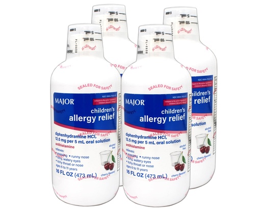 [BRSW2ZL6CN4GCCA6] MAJOR Children's Allergy Relief Diphenhydramine HCI 12.5mg/5 mL Oral Solution, Cherry Flavored, 16 FL OZ (Pack of 4)