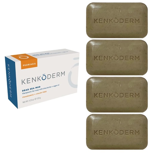 [BRSWGBAYCIOQYC3X] Kenkoderm Psoriasis Dead Sea Mud Soap with Argan Oil & Shea Butter, Natural Exfoliating Body & Face Cleanser for Sensitive Skin, Fragrance & Color-Free, 4.25 Ounce, 4 Bars