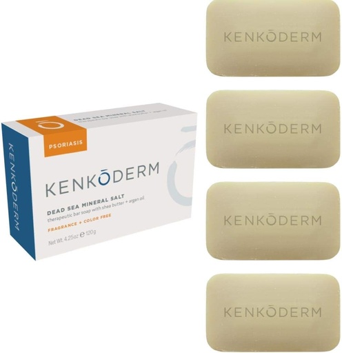 [BRSWYZITOEFAI23B] Kenkoderm Psoriasis Dead Sea Mineral Salt Soap with Argan Oil & Salicylic Acid, Natural Exfoliating Body & Face Cleanser for Sensitive Skin, Color & Fragrance Free, 4.25 Ounce, Pack of 4 Bars