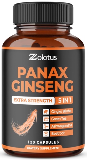 [BRSWYFIBCV5BMET6] Zolotus Korean Red Panax Ginseng + Ginkgo Biloba, Ashwagandha, Beetroot, Green Tea - 120 Capsules for 2 Month Supply