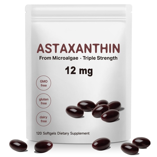 [BRSRGALYCFYAIE35] Astaxanthin 12mg Softgels, Natural Antioxidant from Haematococcus Pluvialis, Supports Skin & Eye Health, General Wellness Support,120 Capsules
