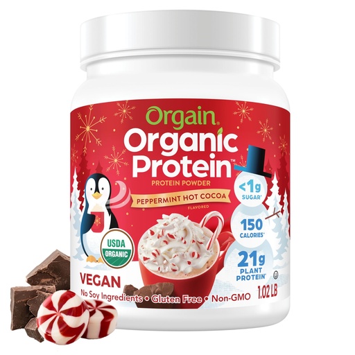 [BRSWGGQNPJ6GYHY7] Orgain Organic Vegan Protein Powder, Peppermint Hot Cocoa Holiday Flavor - 21g of Plant Protein, 5g Prebiotic Fiber, No Lactose Ingredients, No Added Sugar, Non-GMO, For Shakes & Smoothies, 1.02 lb