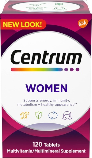 [BRSW2AA3OENA4YIY] Centrum Multivitamin for Women, Multivitamin/Multimineral Supplement with Iron, Vitamin D3, B Vitamins and Antioxidant Vitamins C and E, Gluten Free, Non-GMO Ingredients - 120 Count