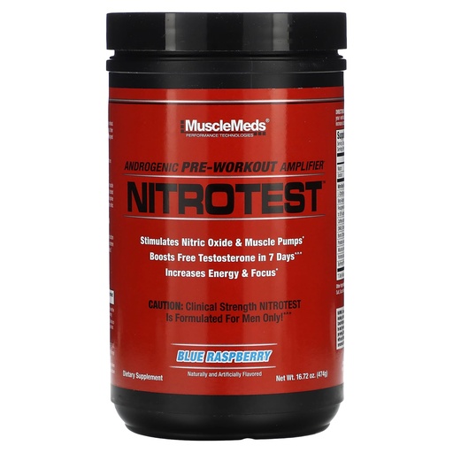 [BRSWY23YA4CRU3DH] MuscleMeds Nitrotest Pre-Workout Supplement Drink, Boost Nitric Oxide, Testosterone, Blue Raspberry, 30 Serving, 1.04 Pound, 1 Count