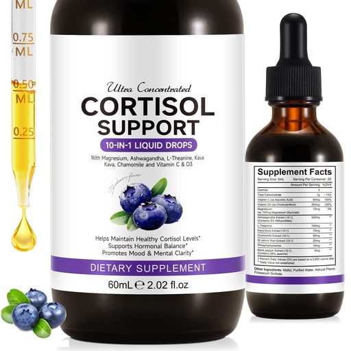 [BRSREHA3OR6AO2Q4] Cortisol Supplements for Women & Men, 10 in 1 Hormone Balance for Women Men with Ashwagandha, L-theanine, Hormone Balance Liquid Drops, Hormone Balanced for Women, Recess Mood Focus, Blueberry Flavor