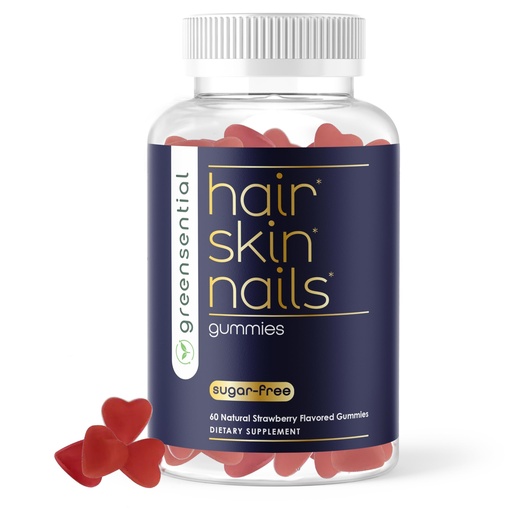 [BRSREZA7CIIQ22TV] Greensential Hair, Skin & Nails Gummies - Complete Vitamin Complex with Natural Ingredients - Fuller Hair Support - No Artificial Colors, Natural Strawberry Flavor, Made in USA, 60 Ct