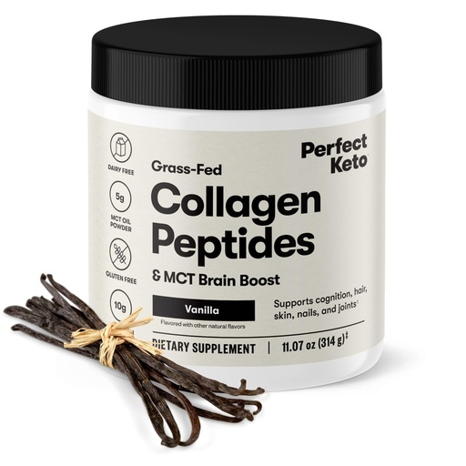 [BRSWG236DENA4HL2] Perfect Keto Collagen Peptides, Vanilla, 10g Protein Powder, Low Carb, No Sugar Added, Keto Friendly Coffee Creamer & Drink Mix, Grass Fed Bovine Type 1 & 3 Supplement with MCT Oil, 20 Servings