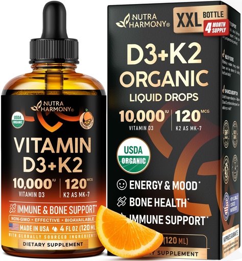 [BRSREZYBBZ7B62Q4] Vitamin D3 K2 USDA Organic Drops - Vitamin D3 10000 IU & K2 as MK-7 120mcg - Immune & Mood Support, Bone & Teeth Health - Sugar-Free, Orange Flavor - Liquid Supplement - 4 FL OZ, 120 Day Supply