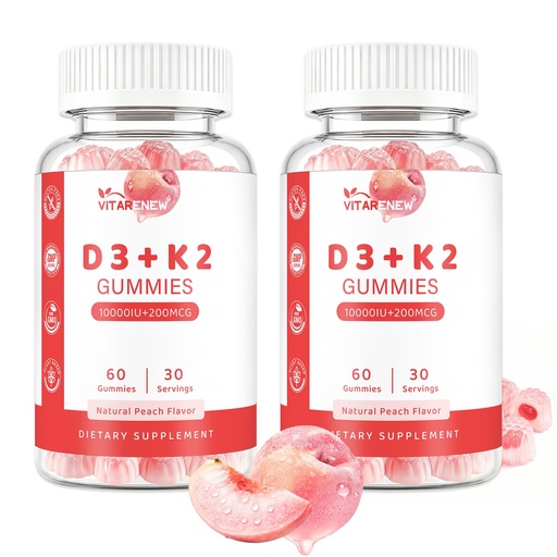 [BRSRGBANOR6AOH3L] Vitamin D3 & K2 Gummies (2-Pack, 120 Count), Vitamin D3 10000IU, K2 (MK-7) 200mcg, with Zinc, Plant-Sourced K2 from Chickpea – Supports Bone, Heart & Immune Health,Non-GMO, Gluten-Free, Peach Flavor