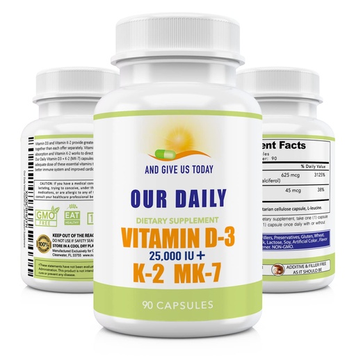 [BRSRM2QEDEFB62YY] Our Daily Vites Vitamin D-3 25,000 IU + K2 - High Potency D3 with Vitamin K Bone, Immune, Mood + Cardiovascular Support Supplement