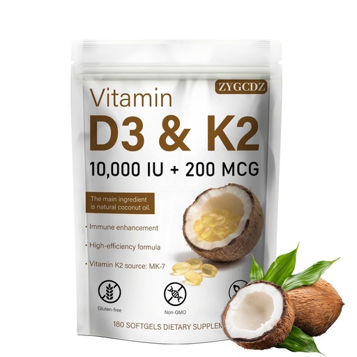 [BRSRGZIOOUBWY2DK] Vitamin D3 10000 IU with K2 MK-7 200 mcg Softgels, 180 Count | Supports Bone, Heart & Immune Health | Enhanced Absorption with Organic Coconut Oil, Non-GMO, Easy to Swallow Supplement (01)