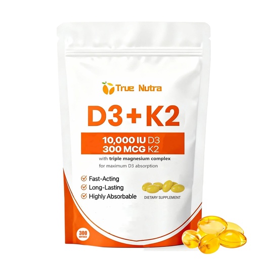 [BRSRGGATBN4GEFLZ] D3 K2，Vitamin D3 K2 10,000 IU Magnesium Supplement, Non-GMO, Gluten-Free,Enhance Energy，300 Coconut Oil Softgels (1PCS)