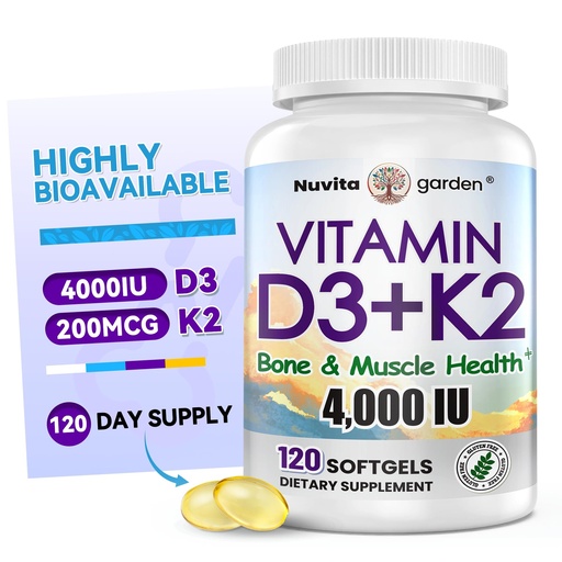 [BRSRGA32CB7Q4G3G] Vitamin K2 (MK7) with D3 Supplement Non-GMO Formula 4000 IU Vitamin D3 & 200 mcg K2 MK-7 Easy to Swallow D & K Complex, 120 Softgels