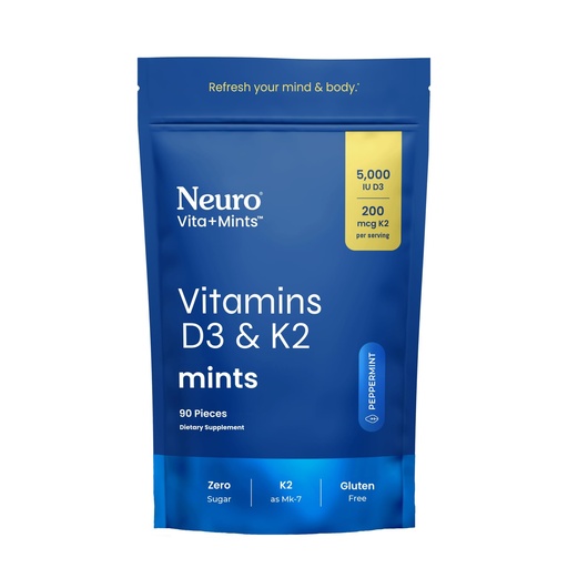 [BRSREH3YC5YRECTX] Neuro Vitamin D3 K2 Supplement - Sugar Free Mints with 5000 IU Vitamin D3 + 200mcg K2 MK-7 - Immune Support Supplement to Improve Mood & Bone Health - Gluten & Aspartame Free - Peppermint, 90 ct