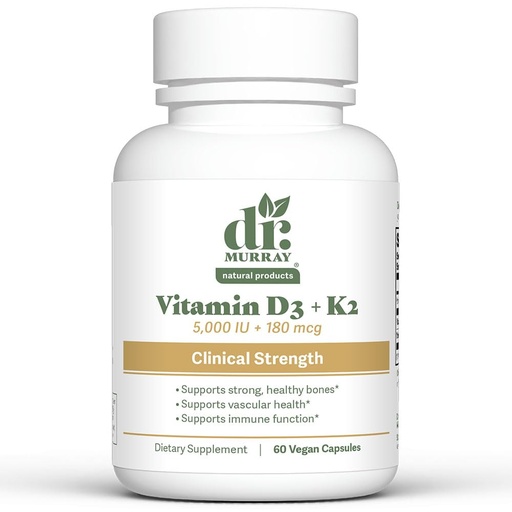 [BRSRGBAEBUHBAD3B] Dr. Murray's Vitamin D3-K2 Supplement with Coconut Oil MCTs -5,000 IU-Gluten Free - Non-GMO- Vegan Capsules | Third-Party Tested | GMP Certified | 60 Count