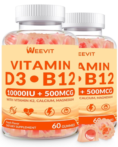 [BRSRGZYECQFGYHLP] WEEVIT Vitamin D3 B12 Gummies, Vitamin D 10000IU & 500mcg Methyl B12 with Vitamin A, C, K, Calcium, Magnesium, Zinc for Women & Men, Support Eye, Bone, Energy